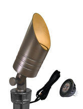 Malory brass landscape spotlight front view showcasing durable die-cast brass construction.