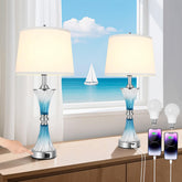 MARYRAIN blue glass nightstand lamp close-up with ambient coastal glow