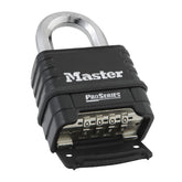 Master Lock 1178 padlock front view highlights rugged black and silver body for security.