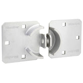 Master Lock chrome hasp lock on a doorway showing enhanced exterior security