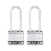 Master Lock M1XTLJ padlock body close-up showing laminated steel strength for outdoor security.
