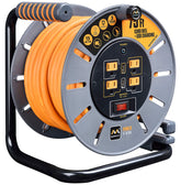 Masterplug 75ft cord reel in use on a work site powers multiple tools