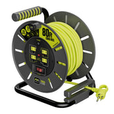 Masterplug 80ft cord reel with wind handle for easy, tangle-free setup on job sites.