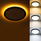 Matane round black flush mount with night light adds cosy ambiance to a bedroom.