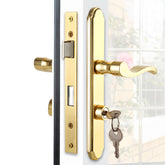 MaxxGeek flat-slot storm door handle in bright gold, premium finish for durable exterior use.