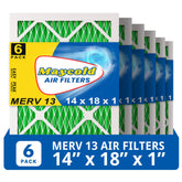 Maycold MERV 13 filter six-pack, six filters ready for installation, improves indoor air quality.