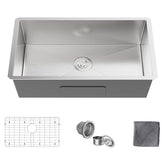 MAYESAR 28-inch undermount sink front view shows brushed finish for easy cleaning