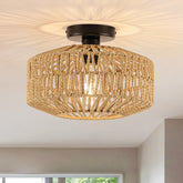 MAYNA eleven point eight inch rattan cage ceiling light provides warm ambient living room lighting.