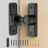MeBantoo barn door lock close-up showing 90-degree mounting flexibility for compact spaces