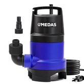 MEDAS 1HP sump pump close-up on durable thermoplastic housing for reliable drainage.