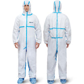 Medtecs hazmat suit with full body hood for comprehensive protection and mobility.