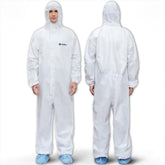 Medtecs hazmat suit with hood for 360-degree protection.