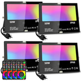 MELPO RGBW flood light with remote control for easy color and brightness adjustments.