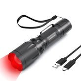 METII red flashlight front view shows a compact rechargeable design for night observations.