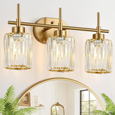 Meybiok modern crystal vanity light with 3 lights and brushed gold finish for luxe bathroom illumination