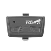 Mighty Mule MMT103 remote front view shows the 3-button layout for gate and garage control