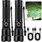 MILAOSHU rechargeable flashlight front view shows 90,000 lumens for wide outdoor illumination.
