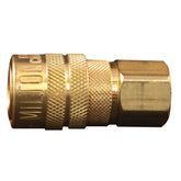 Milton 715 one-quarter-inch FNPT M-style coupler close-up showing durable brass construction for secure air tool connections
