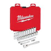 Milwaukee 1/4 drive ratchet with 28-piece metric sockets for versatile use.