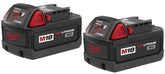 Milwaukee 48-11-1828 M18 battery pack showing long-lasting power and REDLINK protection.