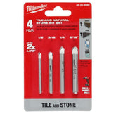 Milwaukee 4pc natural stone bit set close-up showing sharp tips for precise tile drilling.