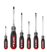 Milwaukee 6pc cushion grip screwdriver kit shown on a workbench for quick access.