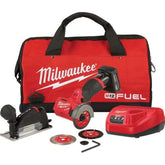 Milwaukee M12 FUEL 3in cut-off tool kit ready for portable, precise cuts in tight spaces.