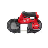 Milwaukee M12 FUEL compact band saw front view showing slim profile for tight spaces