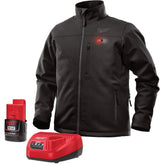 Milwaukee M12 heated jacket front view, ideal for outdoor work warmth on site.