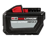 Milwaukee M18 High Output HD12-0 battery pack, left-side view, supports extended tool runtimes.
