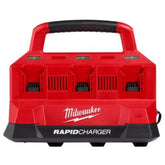 Milwaukee M18 PACKOUT Six Bay Rapid Charger front view, quickly charges two batteries for on-site use.