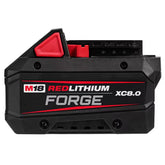 Milwaukee M18 REDLITHIUM Forge XC8.0 battery pack front view, delivering high-output power for tools.