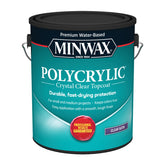 Minwax Polycrylic bottle pour shows fast-drying clear protection for wood surfaces.