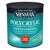 Minwax Polycrylic protective finish bottle, clear coat guarding interior wood surfaces