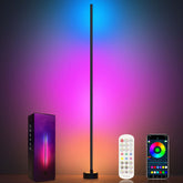 Miortior corner floor lamp with remote control for color and brightness adjustments.