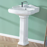 Miuara 23-inch pedestal sink shown in compact bathroom setup.