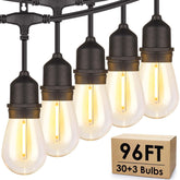 Mlambert 96ft LED outdoor string lights glow warmly for patio ambience.
