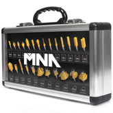 MNA router bit set 25pc 1-4in case close-up showcases organized aluminium case.