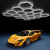 MODERN 18Grids hexagon light installation demonstrates modular, easy setup for garages.