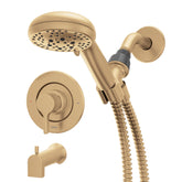 Moen Beric Bronzed Gold faucet front view adds modern warmth to a contemporary bathroom.