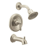 Moen Brantford brushed nickel showerhead offers durable finish and steady spray.