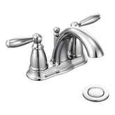 Moen Brantford chrome faucet spout delivers steady aerated water for daily tasks.
