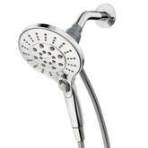 Moen Engage Chrome Magnetix showerhead face showing six spray options for customization