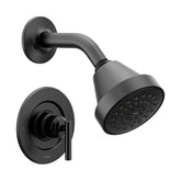 Moen Gibson Matte Black shower trim, angle view, enhances modern bathroom style.