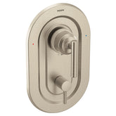 Moen Gibson Posi-Temp with brushed nickel finish delivers steady temperature during showers.