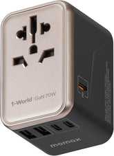 MOMAX 6-in-1 universal travel adapter front view compact for easy packing