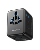 MOMAX Mini 7-in-1 front view showing dual AC and seven-port versatility for globetrotting