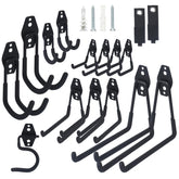 Moneek's Hardware 16-pack garage hooks wall-mounted with anti-slip coating for secure tool storage.