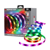 Monster Smart RGB LED strip 50ft glows along walls and ceiling for immersive lighting.