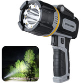 Moonasion Rechargeable Spotlight front view highlights 100000 lumens for wide outdoor visibility.